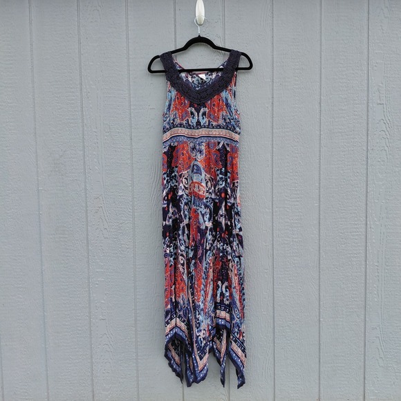 Bila Dresses & Skirts - Bila Asymmetric Hanky Hem Maxi Dress Med Red White & Blue Lace Trim